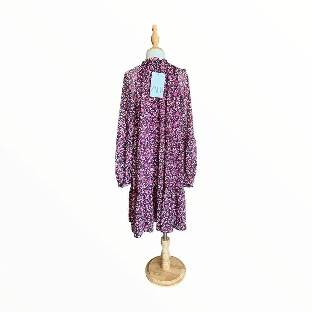 Zara Kids Purple Floral Rhinestone Dress Sizes 6 8 9 NWT Long Sleeve Girls Dress